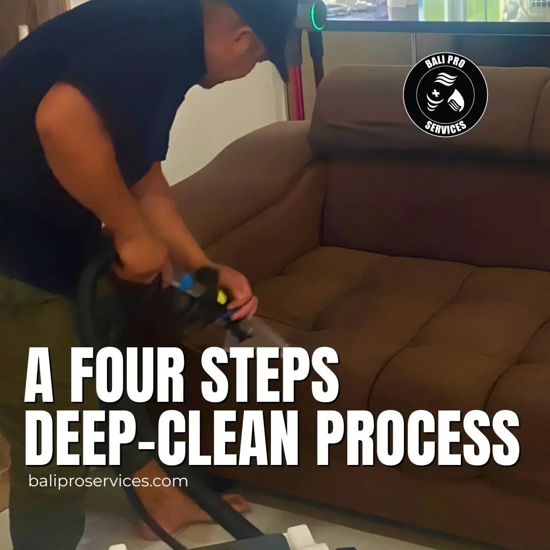Freshly deep-cleaned sofa in a bright Bali villa interior